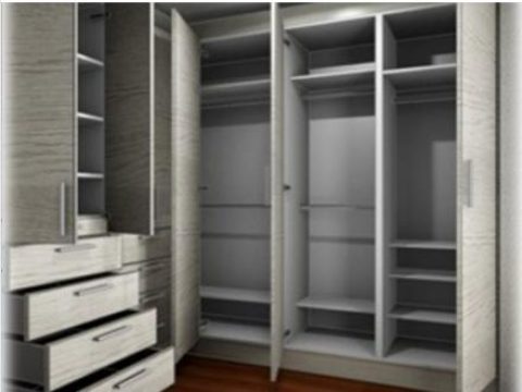 Closet abierto en gris con cajonera, colgadores y repisas