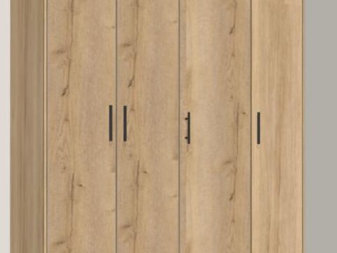 Diseño 3D de un closet de cuatro puertas en roble