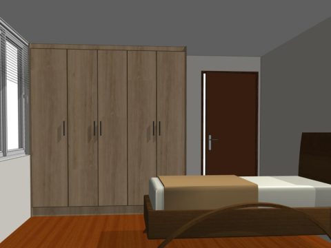 Diseño 3D de un closet de cinco puertas en un dormitorio