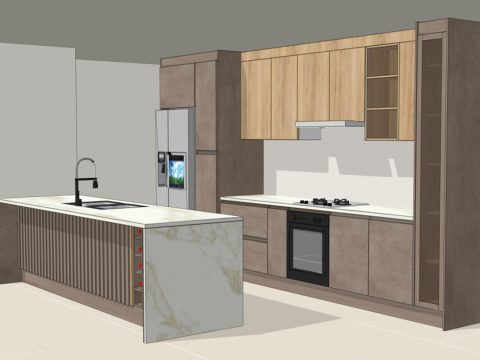 Diseño 3D de una cocina con isla de mármol, torre de horno y alacenas en madera