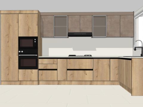 Diseño 3D de una cocina en L en madera con torre de hornos