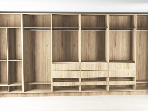 Diseño 3D de un walk-in closet en madera con cajoneras y repisas