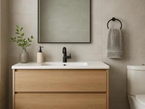 Mueble de baño en roble con dos cajones y lavamanos blanco
